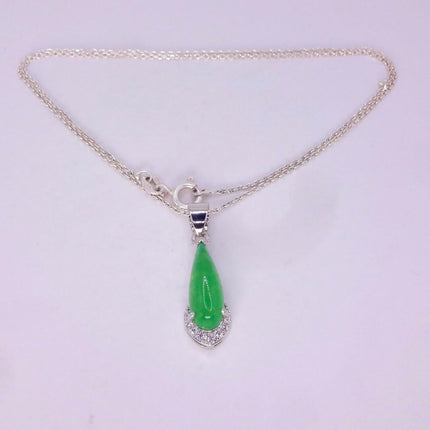 Vintage Green Jade white Gold GF Pendant Lucky Charm | 925 Sterling Silver chain Necklace