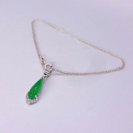 Vintage Green Jade white Gold GF Pendant Lucky Charm | 925 Sterling Silver chain Necklace