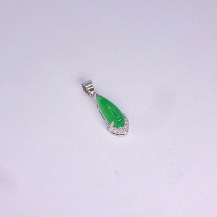 Vintage Green Jade white Gold GF Pendant Lucky Charm | 925 Sterling Silver chain Necklace