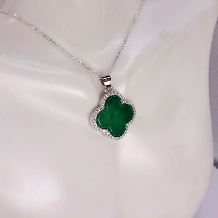 Vintage Green Jade white Gold GF Pendant Lucky Charm | 925 Sterling Silver chain Necklace