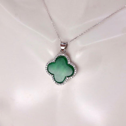 Vintage Green Jade white Gold GF Pendant Lucky Charm | 925 Sterling Silver chain Necklace