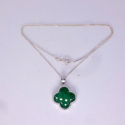 Vintage Green Jade white Gold GF Pendant Lucky Charm | 925 Sterling Silver chain Necklace