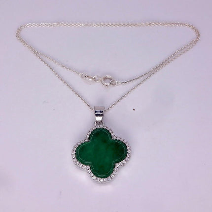 Vintage Green Jade white Gold GF Pendant Lucky Charm | 925 Sterling Silver chain Necklace