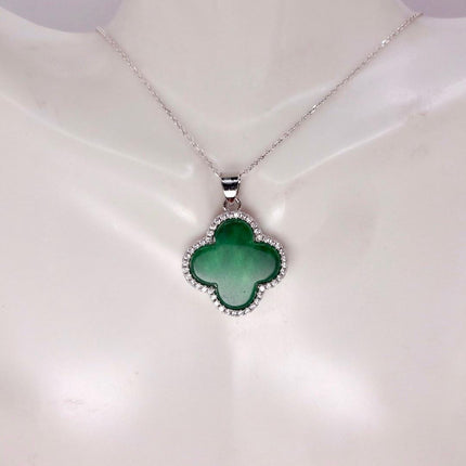 Vintage Green Jade white Gold GF Pendant Lucky Charm | 925 Sterling Silver chain Necklace