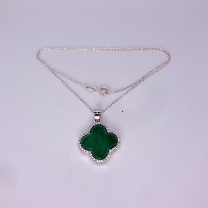 Vintage Green Jade white Gold GF Pendant Lucky Charm | 925 Sterling Silver chain Necklace