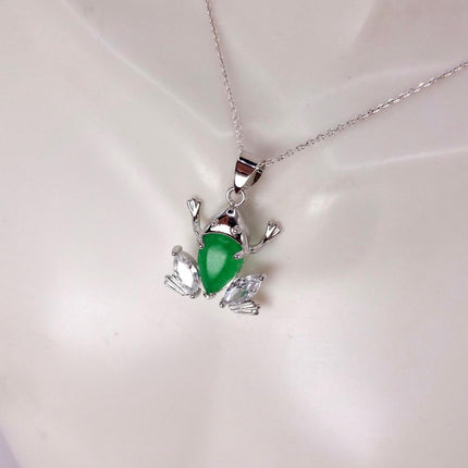 Vintage Green Jade Frog white Gold GF Pendant Lucky Charm | 925 Sterling Silver chain Necklace