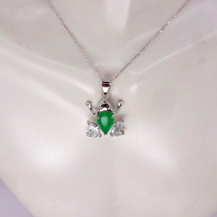 Vintage Green Jade Frog white Gold GF Pendant Lucky Charm | 925 Sterling Silver chain Necklace