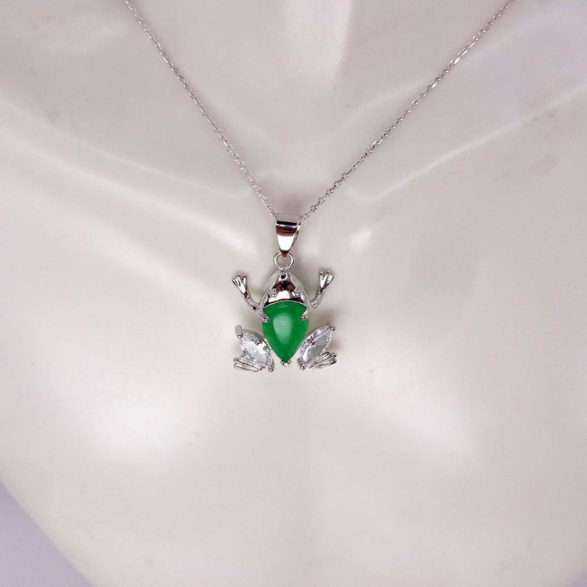 Vintage Green Jade Frog white Gold GF Pendant Lucky Charm | 925 Sterling Silver chain Necklace