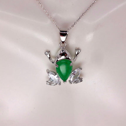 Vintage Green Jade Frog white Gold GF Pendant Lucky Charm | 925 Sterling Silver chain Necklace