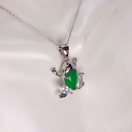 Vintage Green Jade Frog white Gold GF Pendant Lucky Charm | 925 Sterling Silver chain Necklace