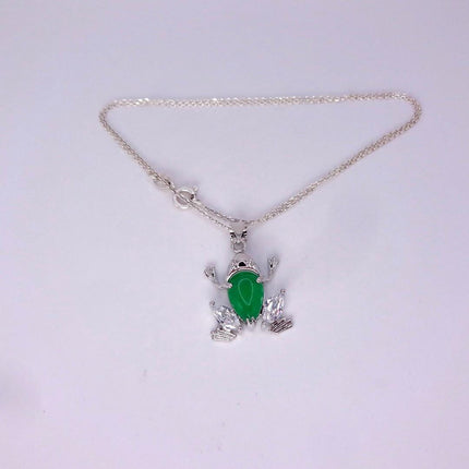 Vintage Green Jade Frog white Gold GF Pendant Lucky Charm | 925 Sterling Silver chain Necklace
