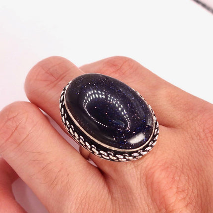 Vintage Black Sandstone Boho Statement Ring Detailed Silver Finished Bronze