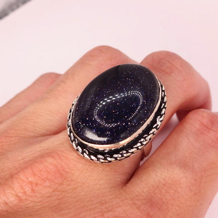 Vintage Black Sandstone Boho Statement Ring Detailed Silver Finished Bronze