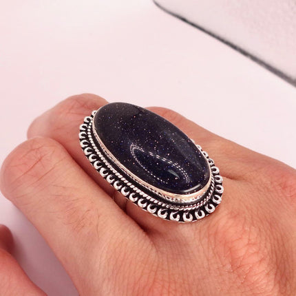 Vintage Black Sandstone Boho Statement Ring Detailed Silver Finished Bronze