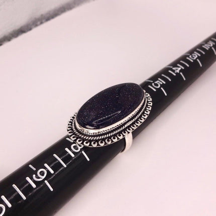 Vintage Black Sandstone Boho Statement Ring Detailed Silver Finished Bronze