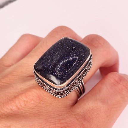 Vintage Black Sandstone Boho Statement Ring Detailed Silver Finished Bronze