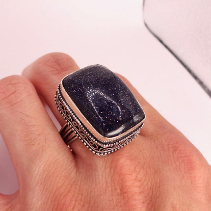 Vintage Black Sandstone Boho Statement Ring Detailed Silver Finished Bronze