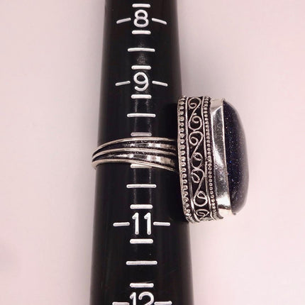 Vintage Black Sandstone Boho Statement Ring Detailed Silver Finished Bronze