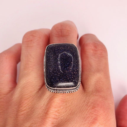 Vintage Black Sandstone Boho Statement Ring Detailed Silver Finished Bronze