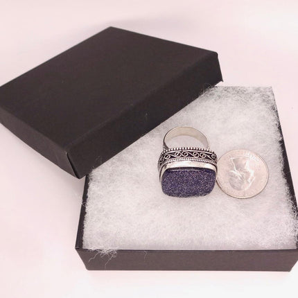 Vintage Black Sandstone Boho Statement Ring Detailed Silver Finished Bronze