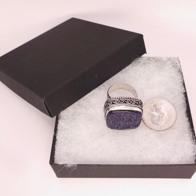 Vintage Black Sandstone Boho Statement Ring Detailed Silver Finished Bronze