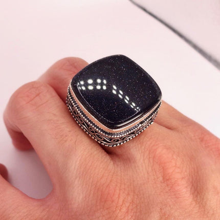 Vintage Black Sandstone Boho Statement Ring Detailed Silver Finished Bronze