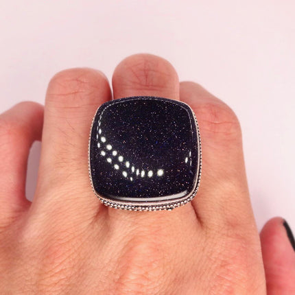 Vintage Black Sandstone Boho Statement Ring Detailed Silver Finished Bronze