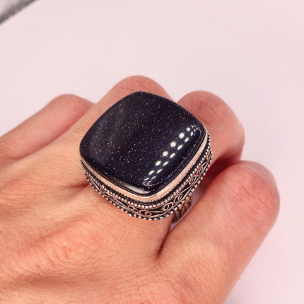 Vintage Black Sandstone Boho Statement Ring Detailed Silver Finished Bronze