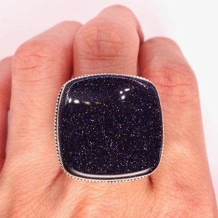 Vintage Black Sandstone Boho Statement Ring Detailed Silver Finished Bronze