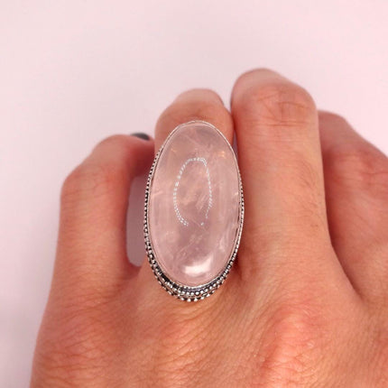 Vintage Rose Quartz Ring: Silver Bronze Boho Statement Ring
