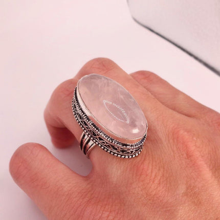 Vintage Rose Quartz Ring: Silver Bronze Boho Statement Ring
