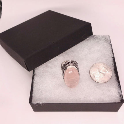 Vintage Rose Quartz Ring: Silver Bronze Boho Statement Ring