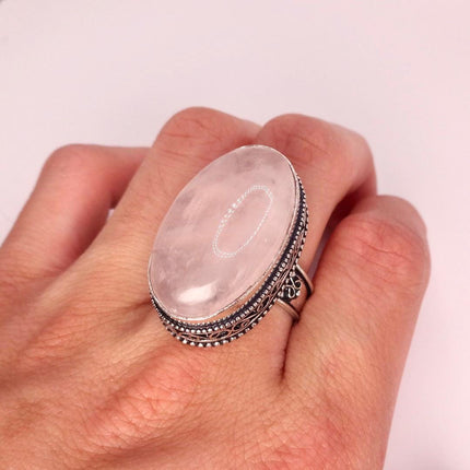 Vintage Rose Quartz Ring: Silver Bronze Boho Statement Ring