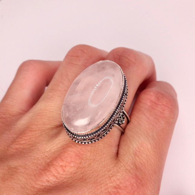 Vintage Rose Quartz Ring: Silver Bronze Boho Statement Ring