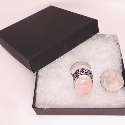 Vintage Rose Quartz Ring: Silver Bronze Boho Statement Ring