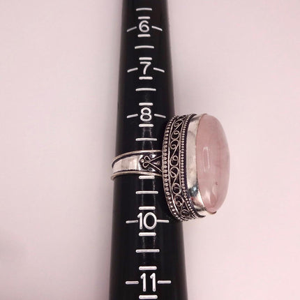 Vintage Rose Quartz Ring: Silver Bronze Boho Statement Ring