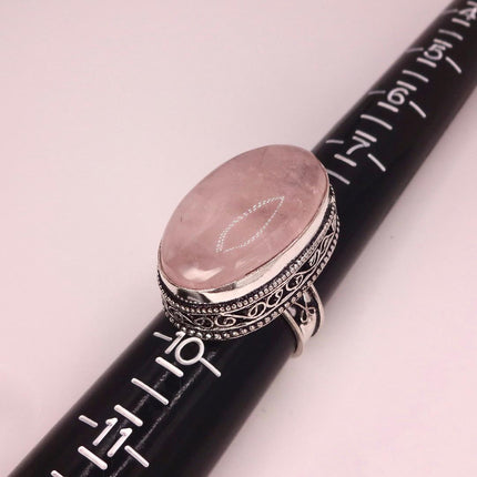 Vintage Rose Quartz Ring: Silver Bronze Boho Statement Ring