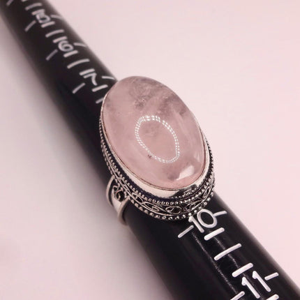 Vintage Rose Quartz Ring: Silver Bronze Boho Statement Ring