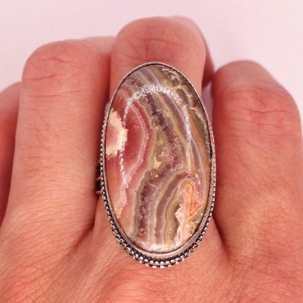 Vintage Agate Boho Statement Ring, Size 9 Silver White Bronze Size 9