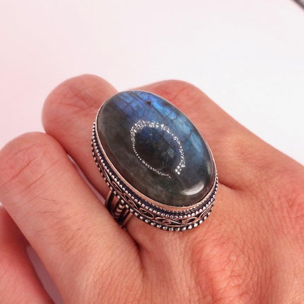 Vintage Chunky Rainbow Labradorite Cocktail Ring - Statement Band