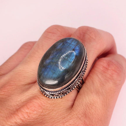 Vintage Chunky Rainbow Labradorite Cocktail Ring - Statement Band