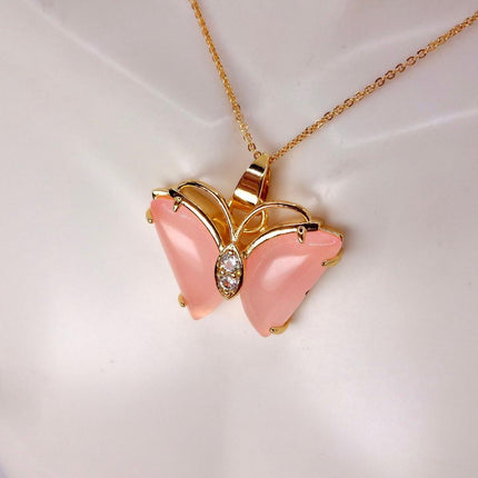 Pink Rose Quartz Butterfly Necklace: Vintage Gold Filled Pendant