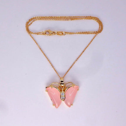 Pink Rose Quartz Butterfly Necklace: Vintage Gold Filled Pendant