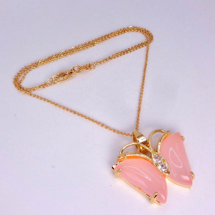Pink Rose Quartz Butterfly Necklace: Vintage Gold Filled Pendant