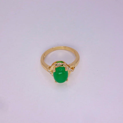 Vintage Gold Green Jade Cocktail Ring - Round Antique Design - Lucky Charm