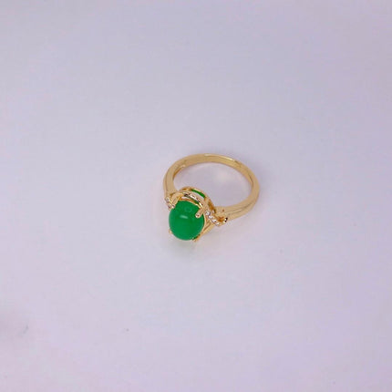 Vintage Gold Green Jade Cocktail Ring - Round Antique Design - Lucky Charm