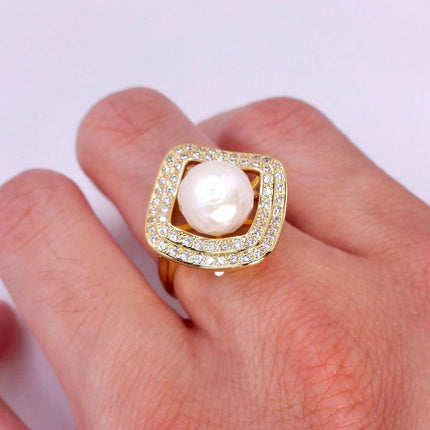 Vintage White Pearl Cocktail Ring Band Gold Filled