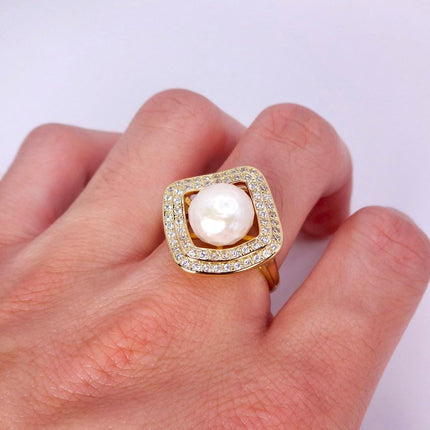 Vintage White Pearl Cocktail Ring Band Gold Filled