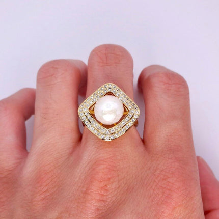 Vintage White Pearl Cocktail Ring Band Gold Filled