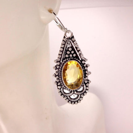 Vintage Yellow Citrine Glass Silver Chandelier Drop Earrings | 925 sterling Silver Lever Backs
